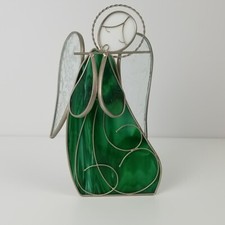 VTG Stained Glass Angel w/ Flute Christmas Shelf Sitter Candle Holder Art Decor
