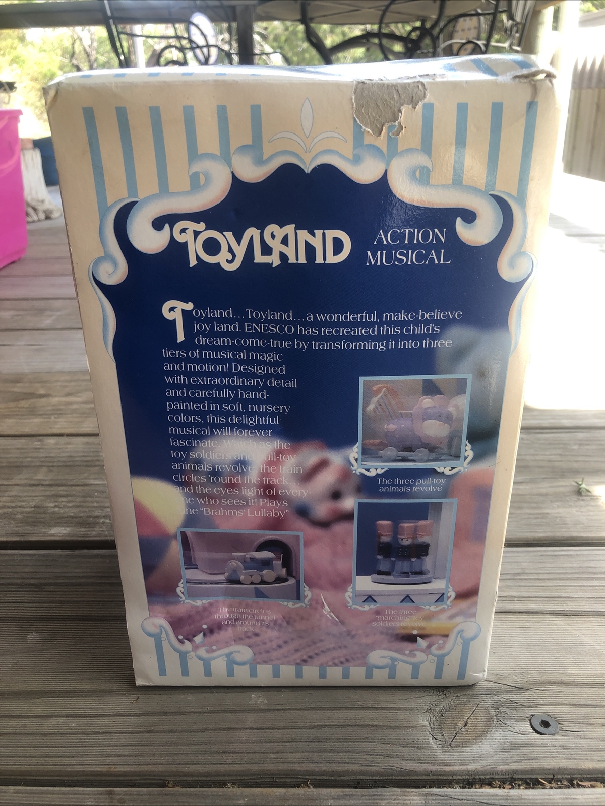 Vintage Enesco 1988 TOYLAND 10" Action Musical Box Brahms Lullaby