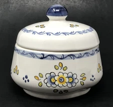 Pottery Trinket Box Vanity Candy Dish White Blue Floral Hand Paint Spain Signed