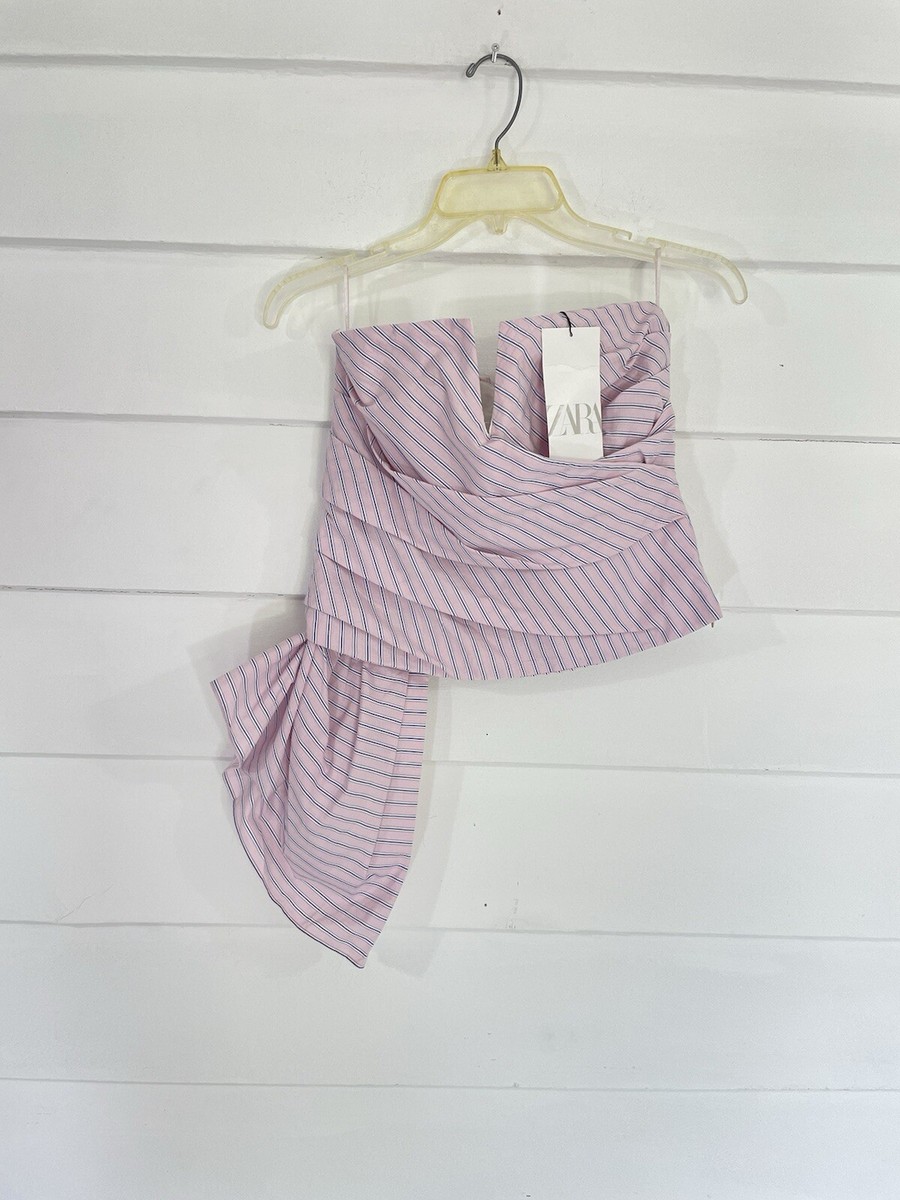 NEW ZARA WOMAN PINK STRAPLESS STRIPED TOP BLOUSE V NECK NEW ZARA WOMAN PINK STRAPLESS STRIPED TOP BLOUSE V NECK