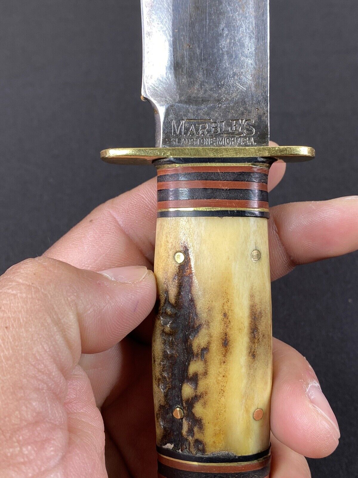 Marbles Knife Gladstone IDEAL 6 3/4 inch Stag Handle Antique Original Sheath