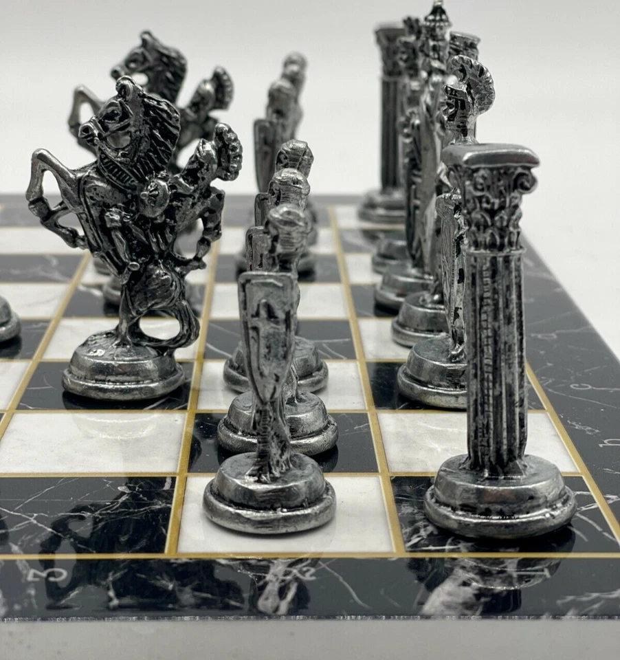 Black White Marble Pattern Wooden Chess Set with British Metal Chess Pieces - Image 4 of 4