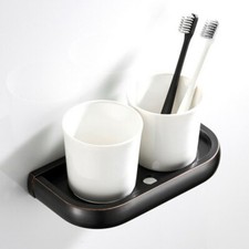 Oil Rubbed Bronze Toothbrush Holder Double Ceramic Cups Holder Wall Mounted