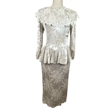 Vtg Jessica McClintock Dress 8 Cream Floral Jacquard Victorian Lace Peplum 80s