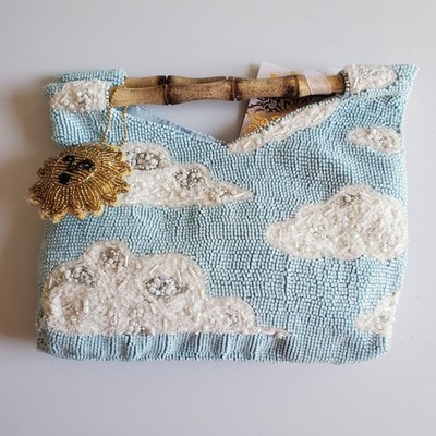 New Release Handcrafted in India Cloud Themed Beaded Purse With Bamboo Handle