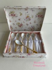 SIMCO ARTWARE GOLD COLOURED ENAMEL LILY DESIGN SPOON SET PRESENTATION BOX B52