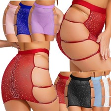 Womens Shiny Rhinestone Sheer Mesh Miniskirt Elastic Waist Side Hollow Out Skirt
