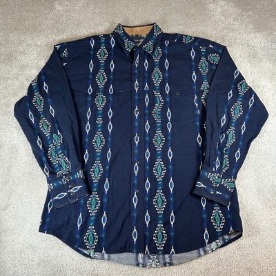 Wrangler Pearl Snap Western Shirt Mens Large Blue Aztec Geometric Long Sleeve