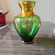 Murano Vecchia Emerald Green Art Glass Vase w/24K Gold Trim Italy 5" x 3" Vtg
