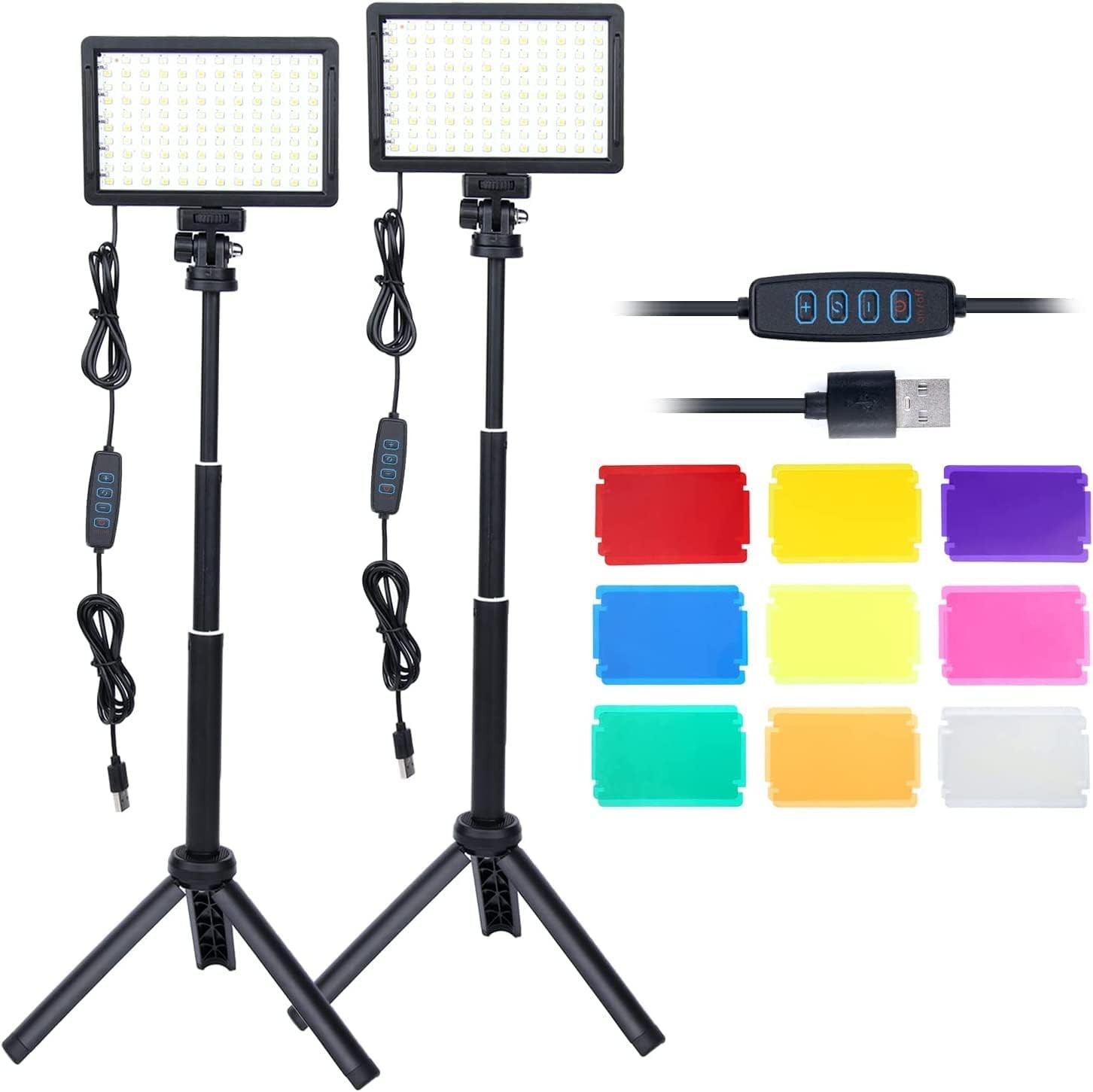 2Packs LED Video Light Kit with Adjustable Tripod Stands,Dimmable 10000K USB Vi