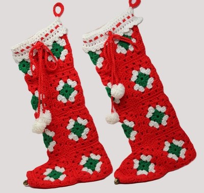 2 Vtg Handmade Crochet Granny Square Cottage Christmas Stockings Pom Poms Bells