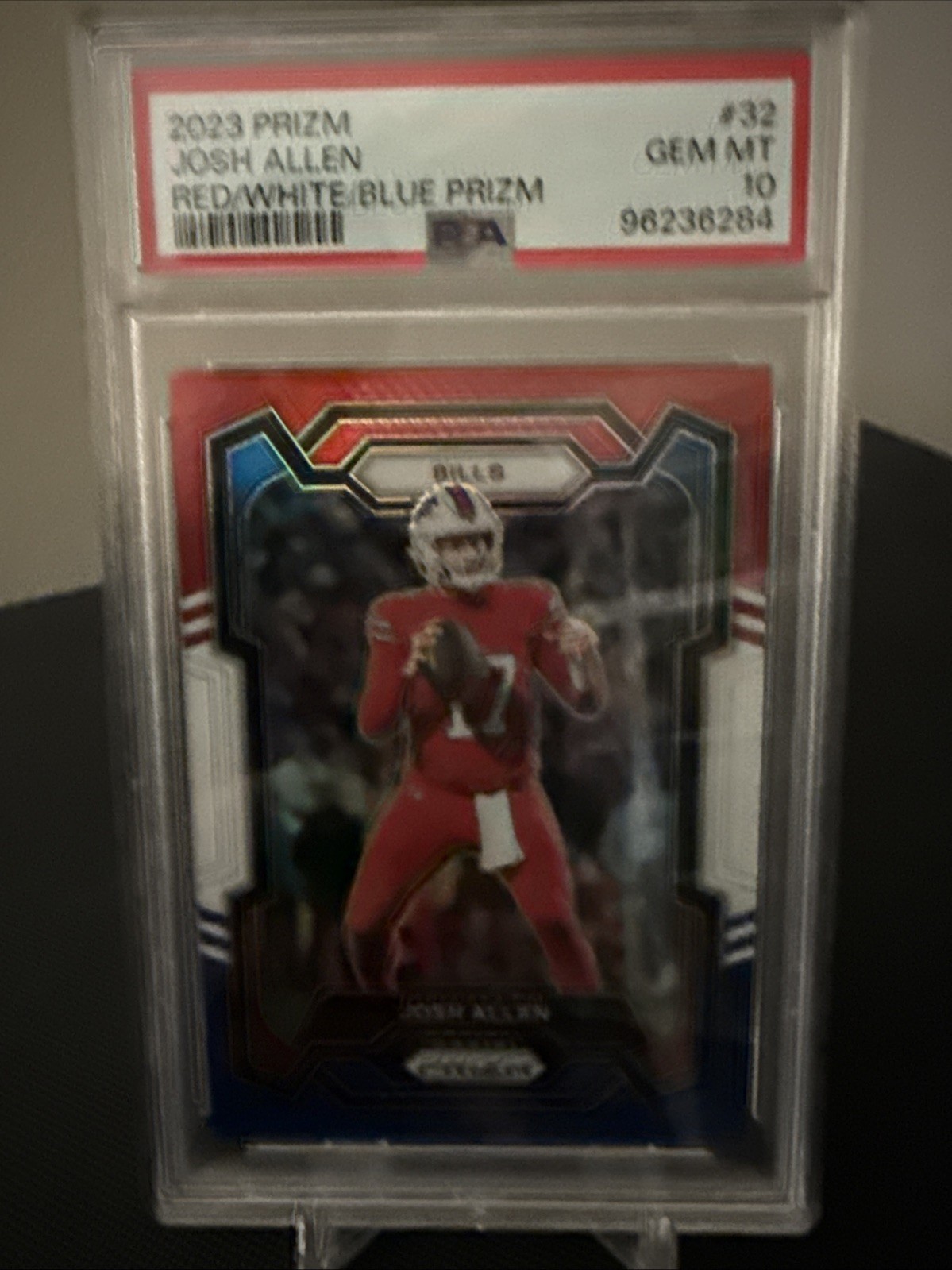 2023 Panini Prizm Josh Allen #32 Red White & Blue Prizm PSA 10 Buffalo Bills view 1