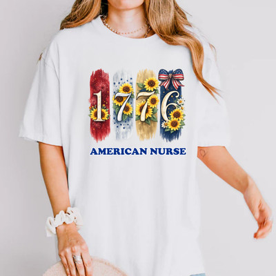 Patriotic Nurse Shirt 1776 American Nurse Sunflower Flag Graphic Tee Gift