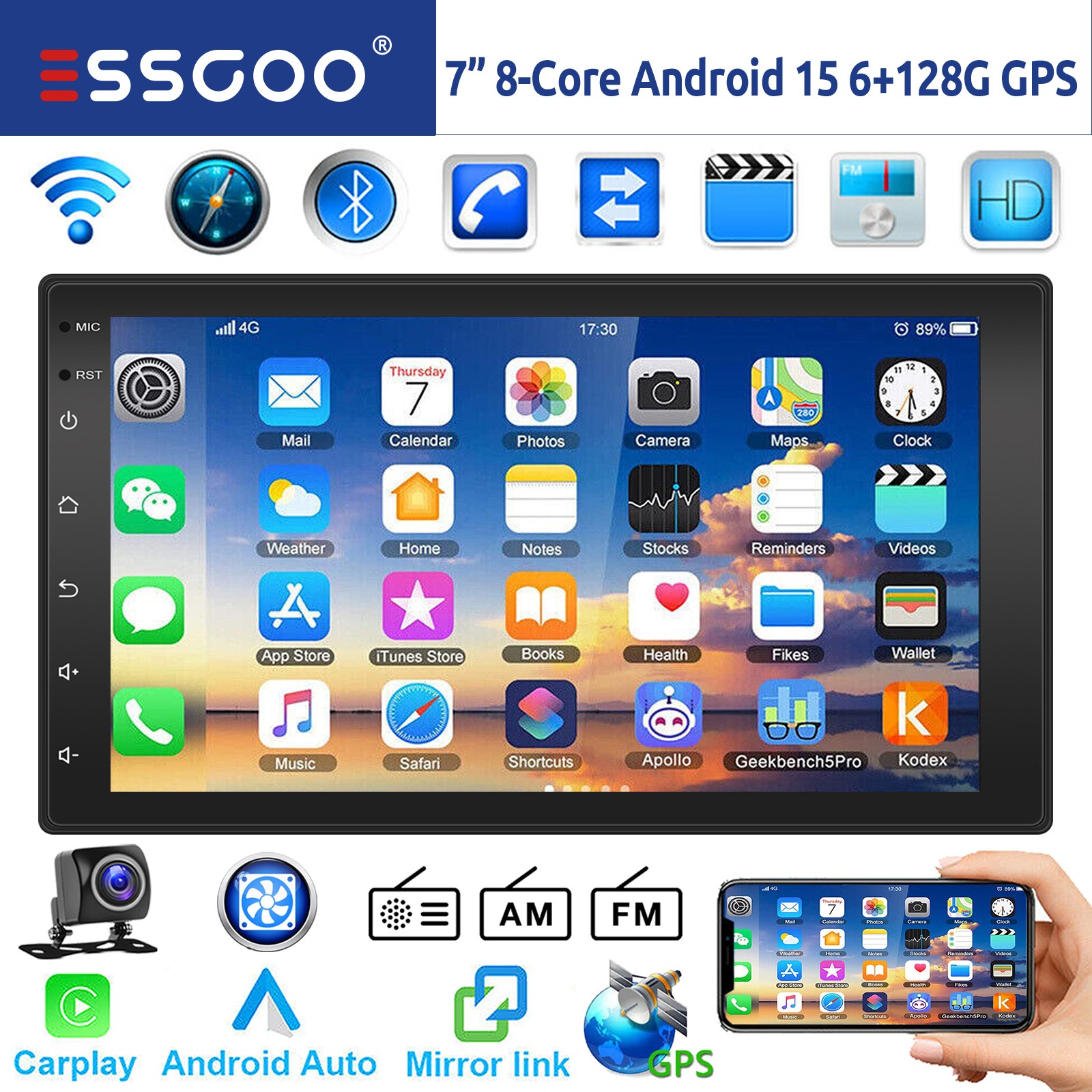 Autoradio Android 15 6+128G 2 DIN con Carplay e GPS
