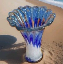 Vintage Italian Murano Blue Ocean Splash Wave Art Glass Swung Vase Flared