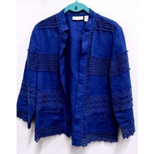Chicos Linen Lace Open Front Jacket Womens Small Blue Crochet Trim Boho Coastal