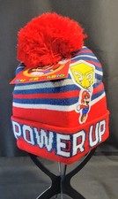 Super Mario Bros Power Up Red Blue Pom-Pom Knit Beanie Hat Winter Cap Patch