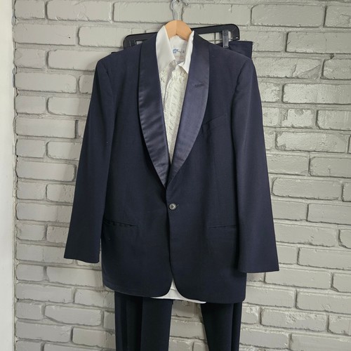 After Six by Rudofker Mens Vintage Navy Blue Tuxedo Suit Shawl Lapel Formal 3pc