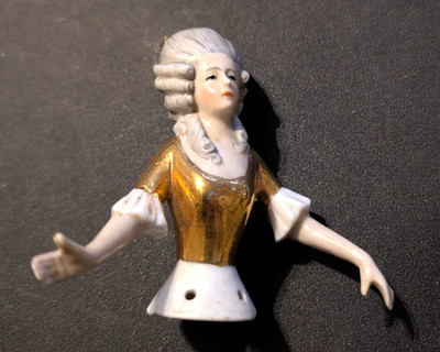 used vintage rare french/German half doll lady pin cushion porcelain 3'' tall