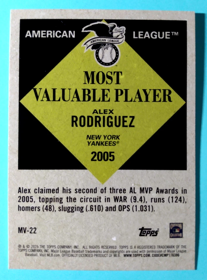 2025 TOPPS BASEBALL UPDATE ** Alex Rodriguez: '05 Most Valuable Player ** #MV-22 - Image 2 of 2