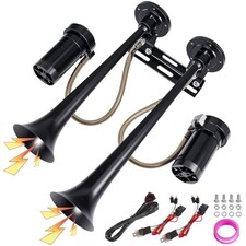 Dual Trumpet Metal Air Horn Kit for Truck with 2 Air Compressors - With Button
