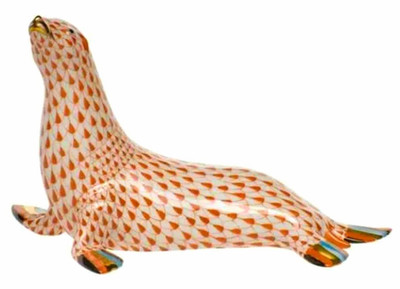 24K Gold Rust HEREND Orange Hungary Fishnet Porcelain Seal / Sea Lion Figurine !