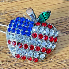Apple Flag Barrette Hair Jewelry Rhinestones Silver tone Patriotic Red Vintage 1