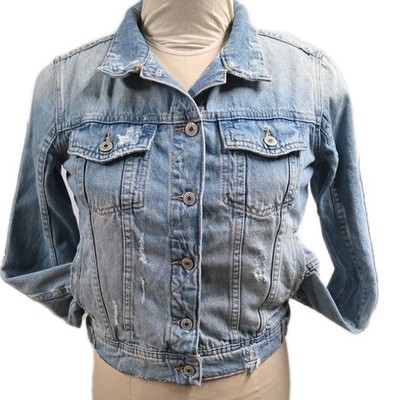 Zara Basic Z1975 Denim Jean Jacket Blue Wash Distressed Size S