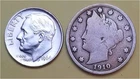 Lot of 2 Coins - 1 90% Silver Roosevelt Dime (1964P) & 1 Better Lib V 5c (1910P)