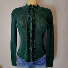 Vtg Y2K Velvet Rib Cardigan Sweater Sz Large Jewel Green Forest Fairy Cotton
