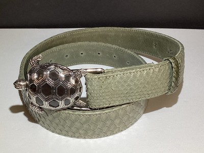 CLARIS VIROT Green composition python leather belt silver tone turtle buckle