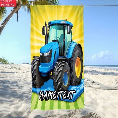 2d Flat 1pc Tractor Farm Blue Custom Name Beach Towel - Soft, Ultra-Absorbent