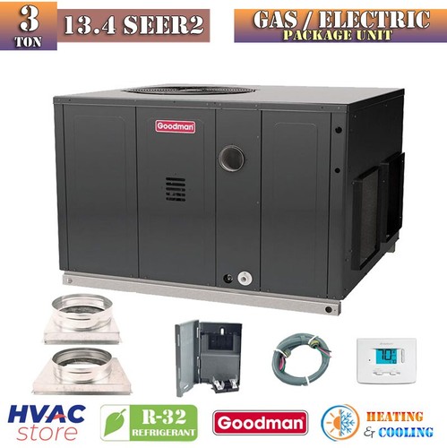 Package Unit Sysem Goodman 3 Ton 13.4 SEER2 80K BTU AC Gas Package Unit System GPGM33 ...