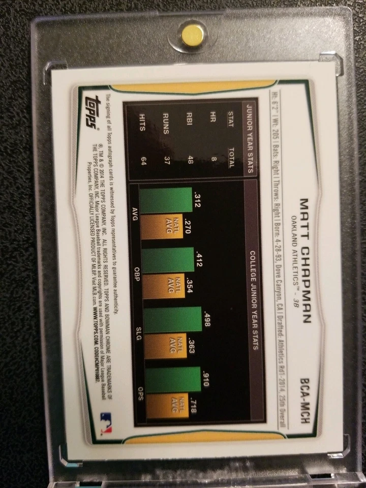 MATT CHAPMAN 2014 BOWMAN CHROME RC ROOKIE REFRACTOR AUTOGRAPH ATHLETICS AUTO - Image 2 of 3