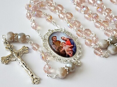 Holy Family Catholic Rosary Pink Crystal Beads Silver Tone Crucifix Handcrafted