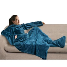 Wearable Blanket with Foot Pocket Sleeves Soft Fleece Wrap for Sofa Couch TV