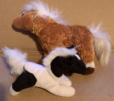 TWO HORSES - PLUSH ANIMALS - 1) Golden, No Tag, 2) B & W, Birth. Exp. - R