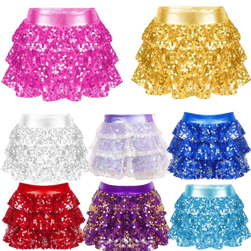 UK Girls Sparkle Dance Skirt Shiny Tiered Ruffle Mini Skorts Jazz Hip Hop Skirt - Image 4 of 4