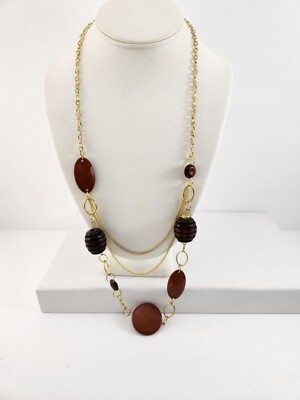Vtg Goldtone Multi-faceted, Multi-strand and Wooden Beaded Necklace