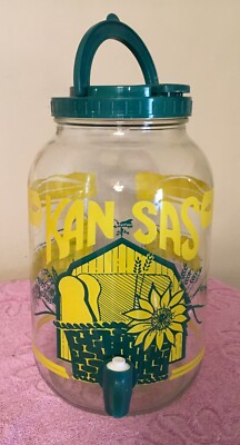 Vintage KANSAS Lemonade  SunTea Glass Jug 1 Gallon Screw Top Spigot Green Yellow