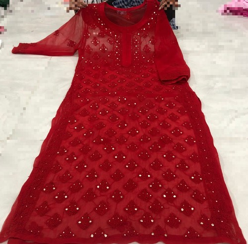 Women's Traditional Chikankari Embroidery Real Mirror Daily Wear Georgette Kurti - Picture 3 of 6