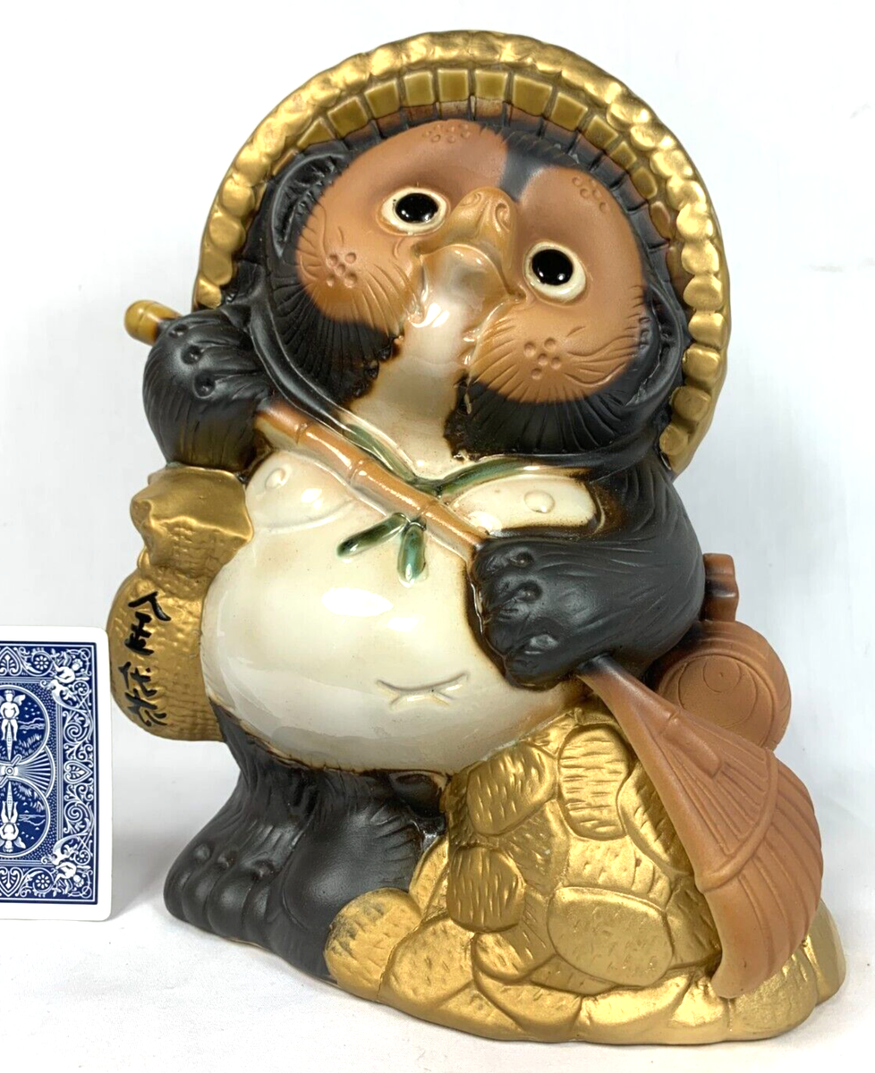 Tanuki Good Luck Badger Figurine Raking Gold Coins Japan Garden