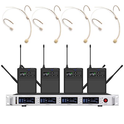 UHF 4 Channels Wireless Microphone Cordless Headset Mic System for Stage Theatre