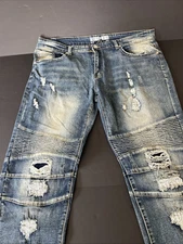 Bleecker & Mercer Slim Fit Straight Jeans Men's 42x34 Blue Stacked Distressed