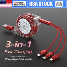 Retractable 3 in 1 Multiple Charger Fast Charging Cable w/Type C/Micro USB Port
