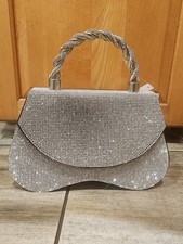 Luxury Silver Rhinestone Mesh Evening Bag w/ Twisted Metal Handle Chain Strap