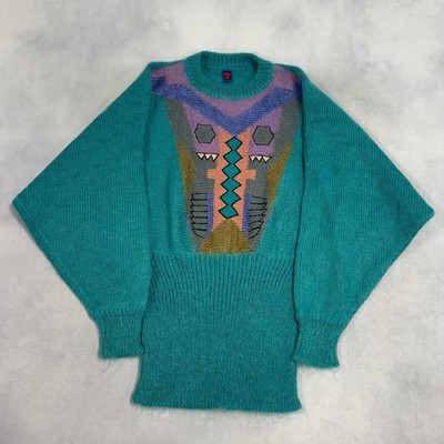 Vintage Strickpullover Abstrakt Gemustert Long Strickpullover Damen L