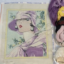 STARTED Handpainted Needlepoint Canvas Art Deco Portrait 8.25x10.25 w Fibers