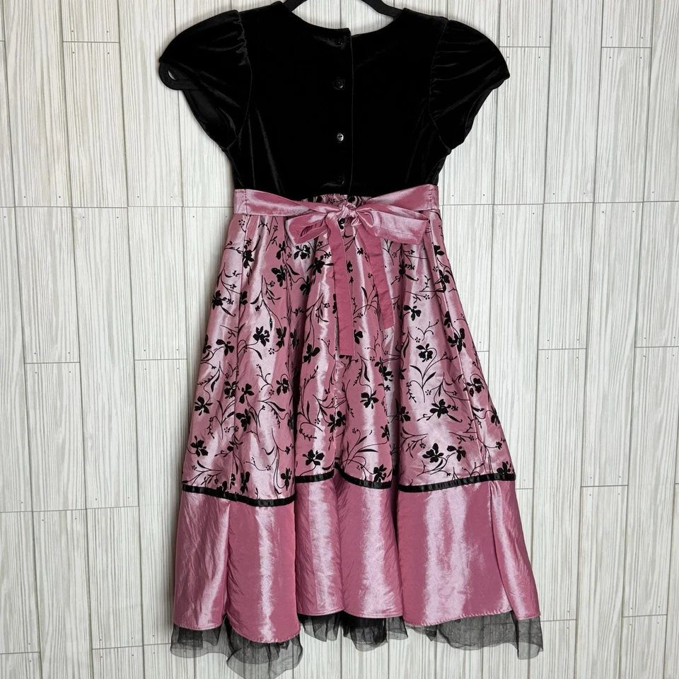 Jona Michelle Girls 6 Black Velvet Pink Floral Embroidered Holiday Party Dress - Image 4 of 4