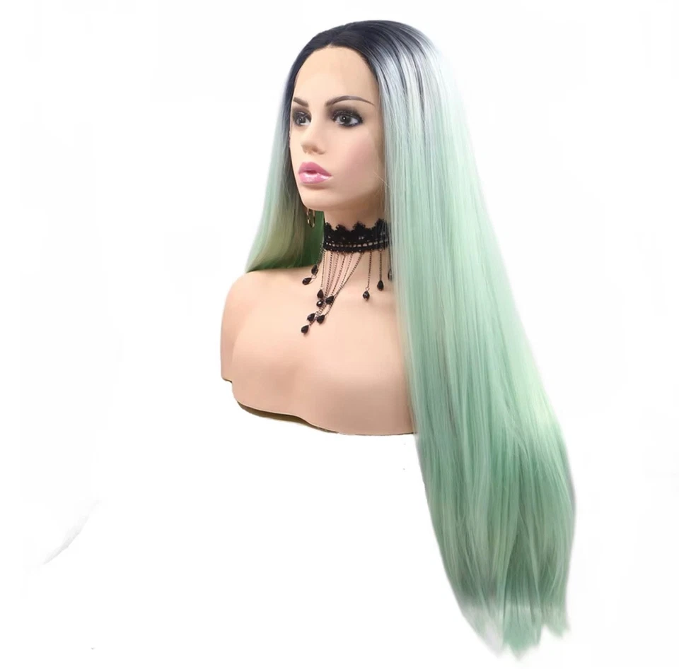 Peluca de encaje recto larga raíz ombre verde claro Kylie celebridad natural para mujer Foto 2 de 4